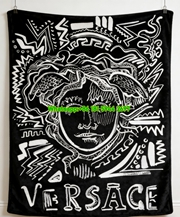 Versace Black White Doodle Medusa Greek Key Print Flannel Sofa Throw Blanket IMG_1418